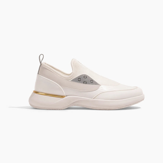 Snogs Genesis Day Shift white slip-on sneaker with gold accent stripe, side view